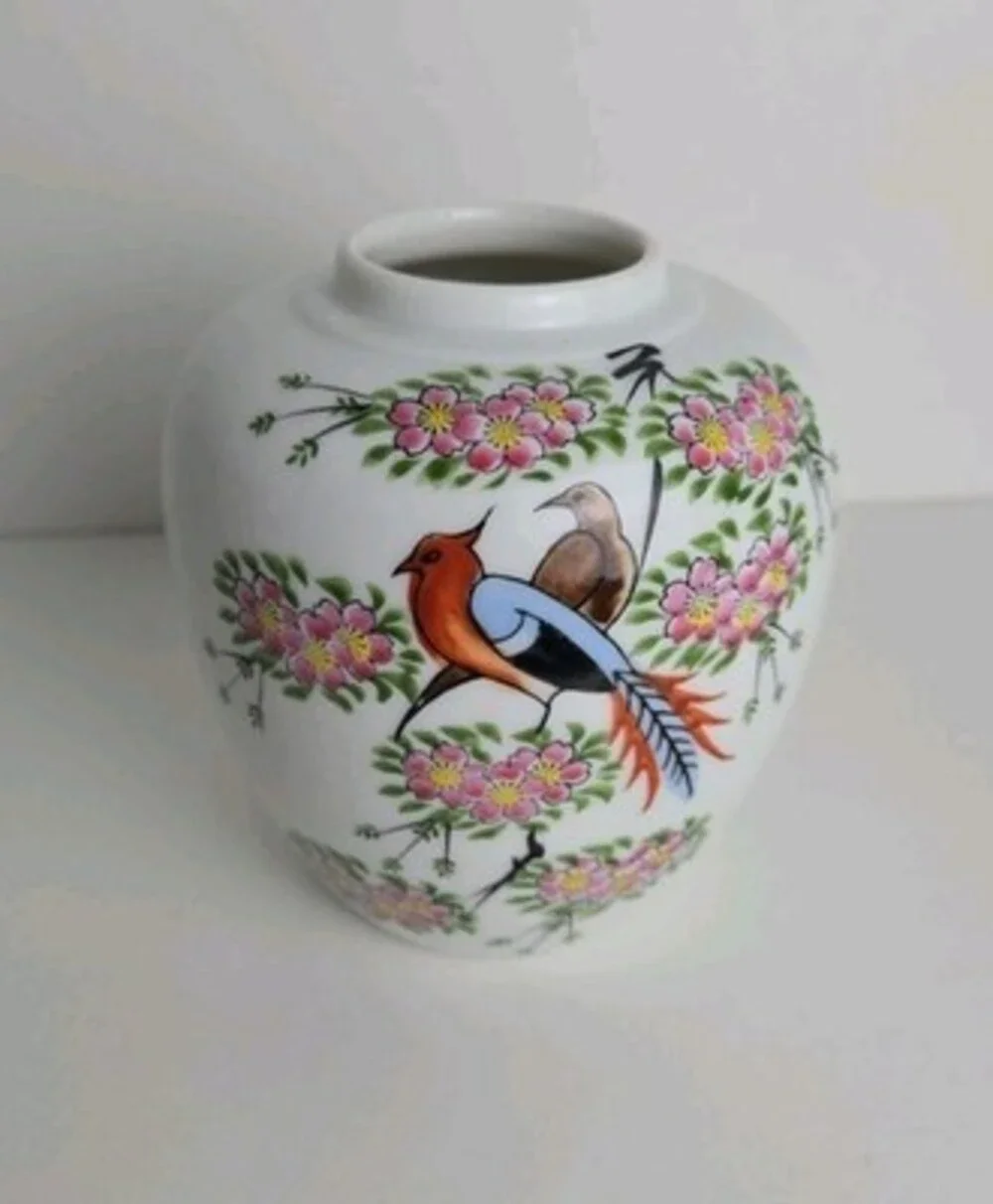 Vintage White Ginger Jar Bird with Flowers Japanese Pottery Round Vase